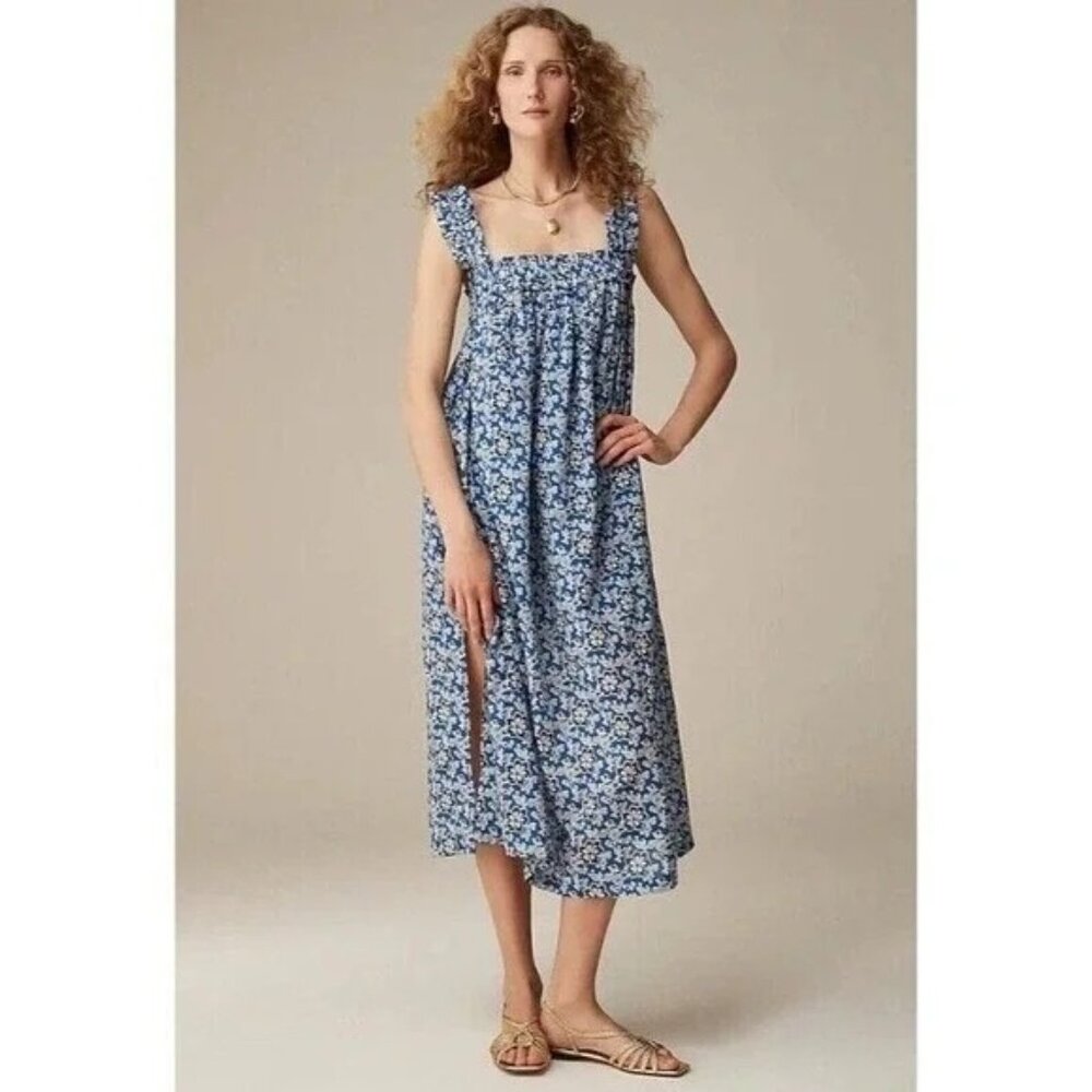 🆕J CREW Cotton Floral Shift Midi Dress Medium Blue - Picture 2 of 10